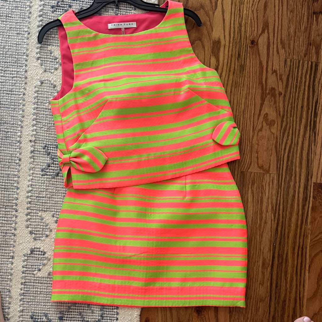 Trina Turk Neon Pink And Lime Striped Skirt And Top Set